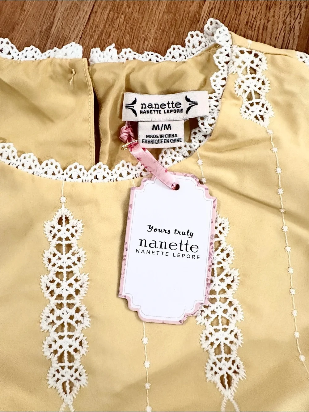Nanette Lepore Pale Yellow Cotton Top with White Crochet Trim